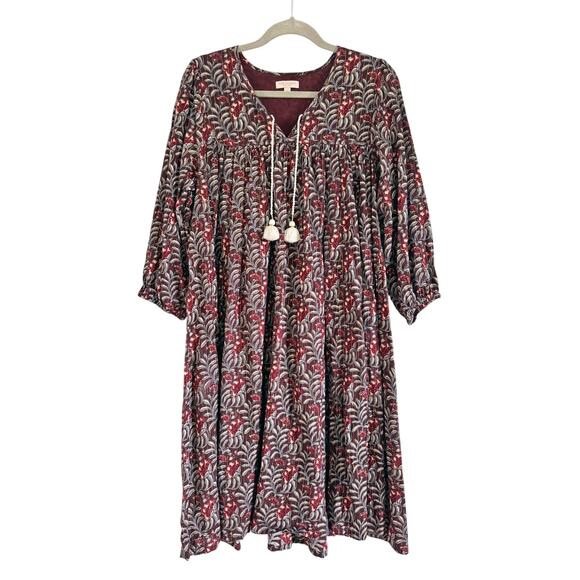 PINK CHICKEN BLOCK PRINT FLORAL EMPIRE WAIST MIDI DRESS - Picture 1 of 5